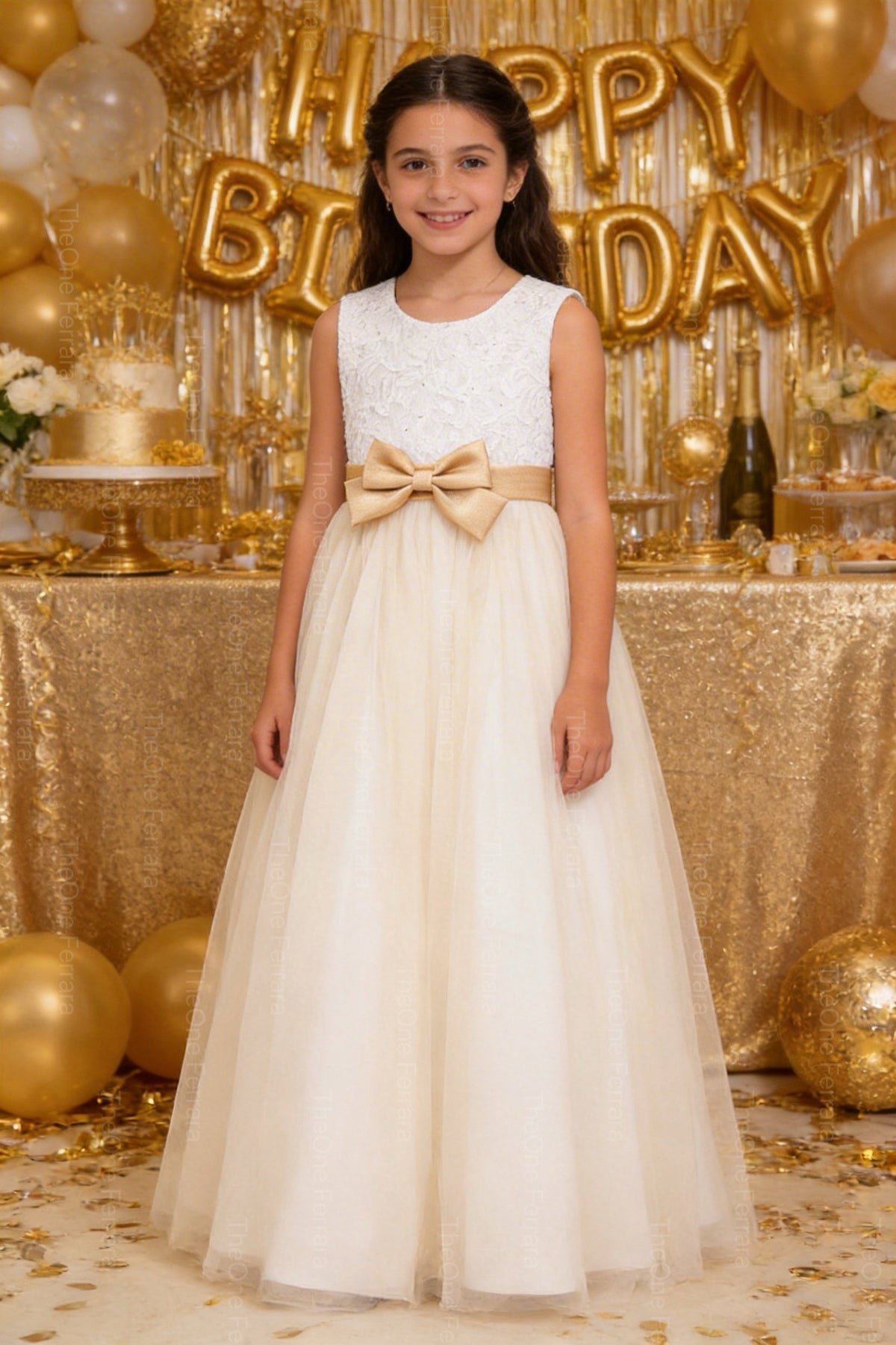 Abito Bambina Elegante Bianco con Fiocco Oro – Vestito Cerimonia 4-14 Anni 3824 Champagne