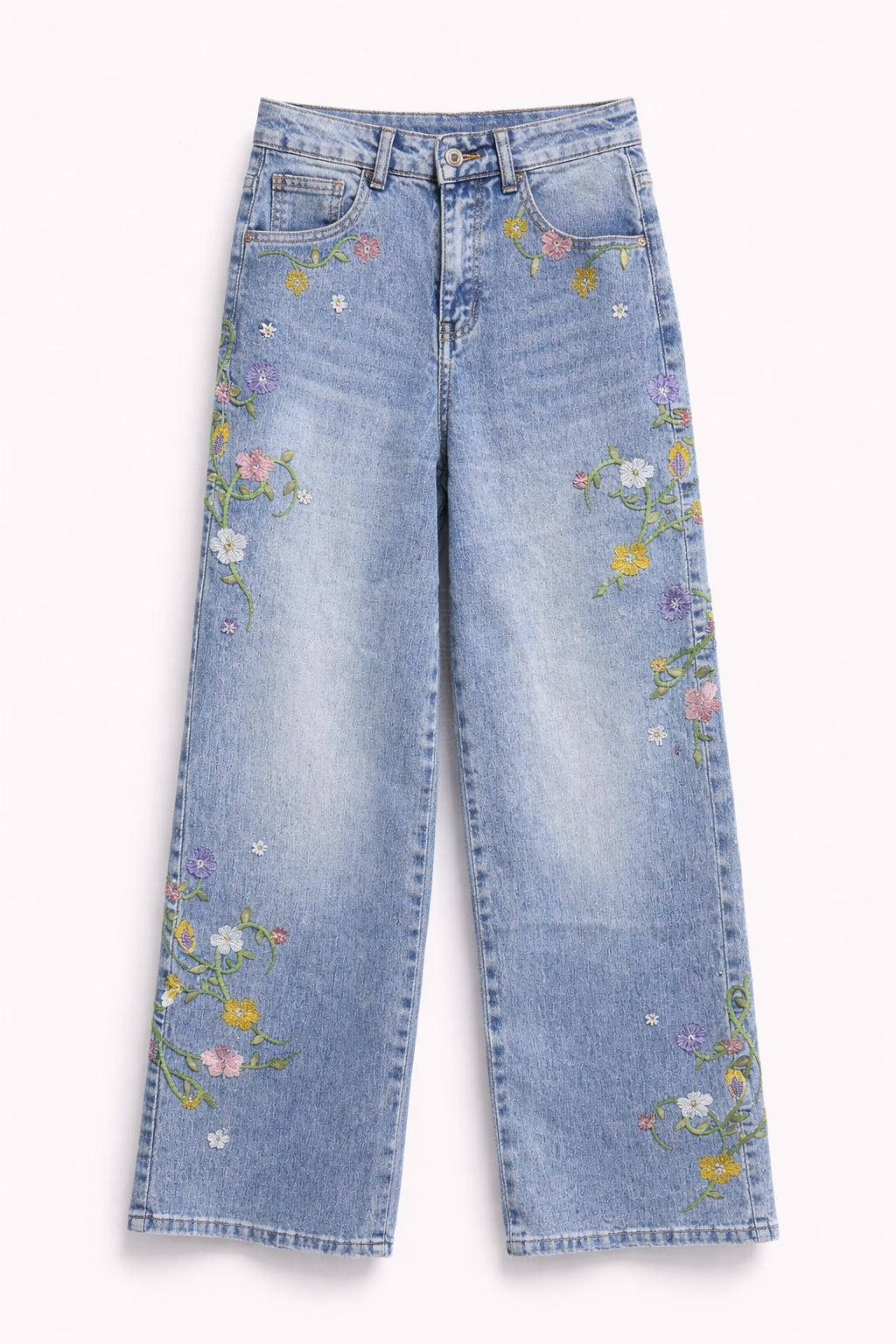 Jeans Donna Wide Leg – Denim con Ricami Floreali Vita Alta 908 Denim Blue