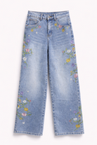 Jeans Donna Wide Leg – Denim con Ricami Floreali Vita Alta 908 Denim Blue