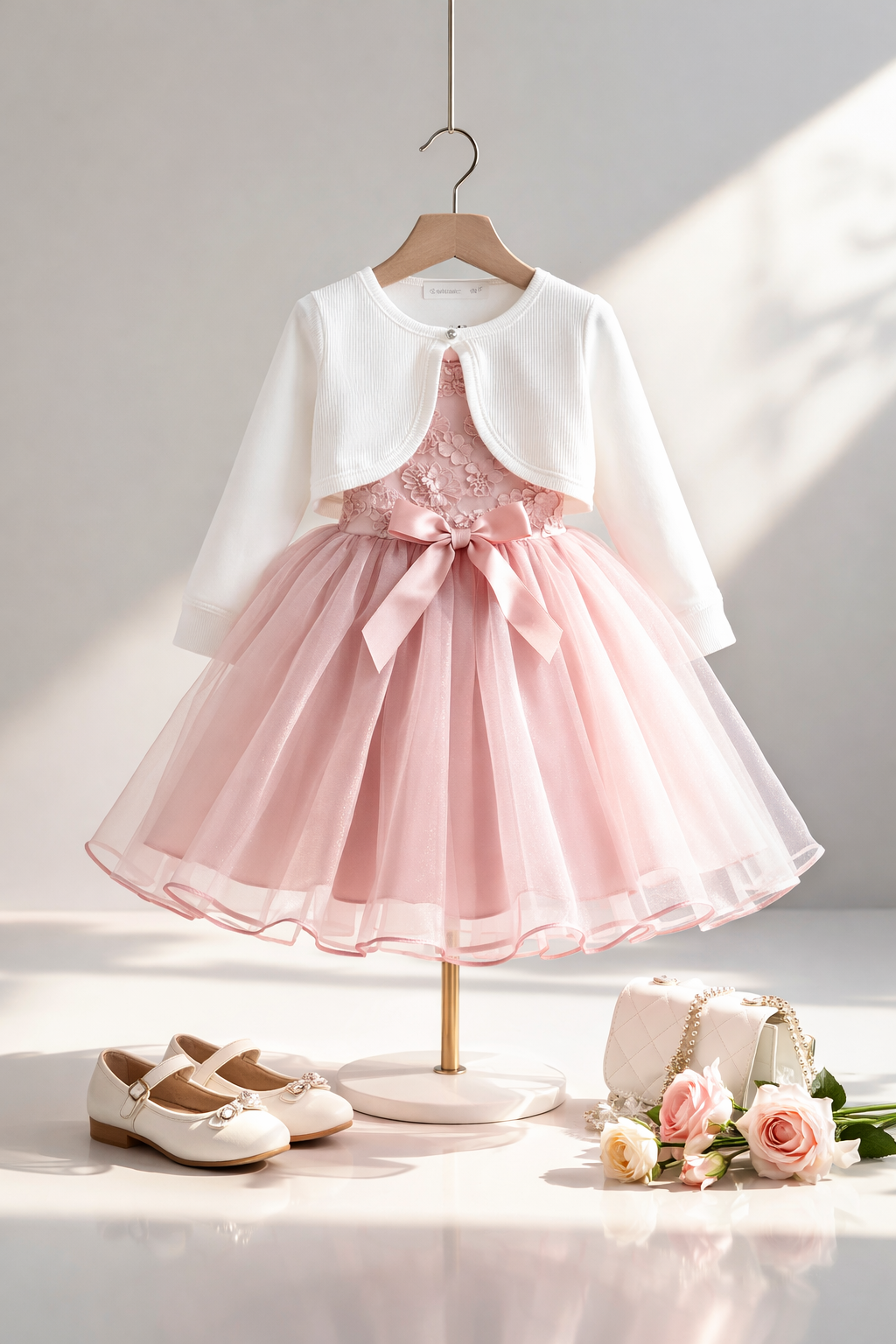 Bolero Bianco Neonata 12-36 Mesi -12 anni con Bottone Perla – Coprispalle Elegante per Battesimo e Cerimonia 5036