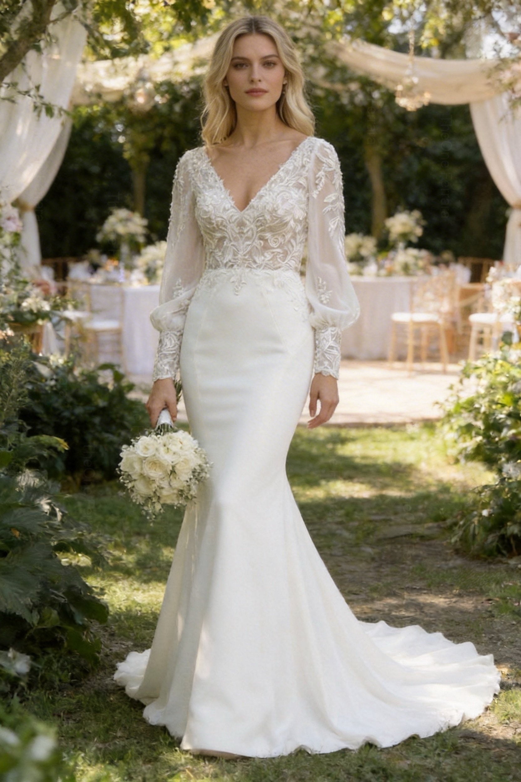 Abito da Sposa Sirena con Maniche Lunghe in Pizzo Ricamato – Scollo Profondo a V, Schiena Scoperta con Bottoni, Stile Boho Elegante 817053