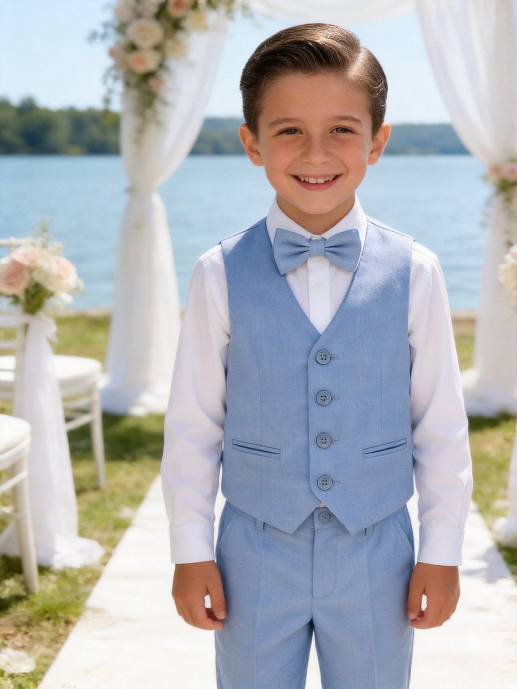 Completo Elegante Bambino Celeste 5 Pezzi con Giacca Gilet Pantaloni Camicia e Papillon