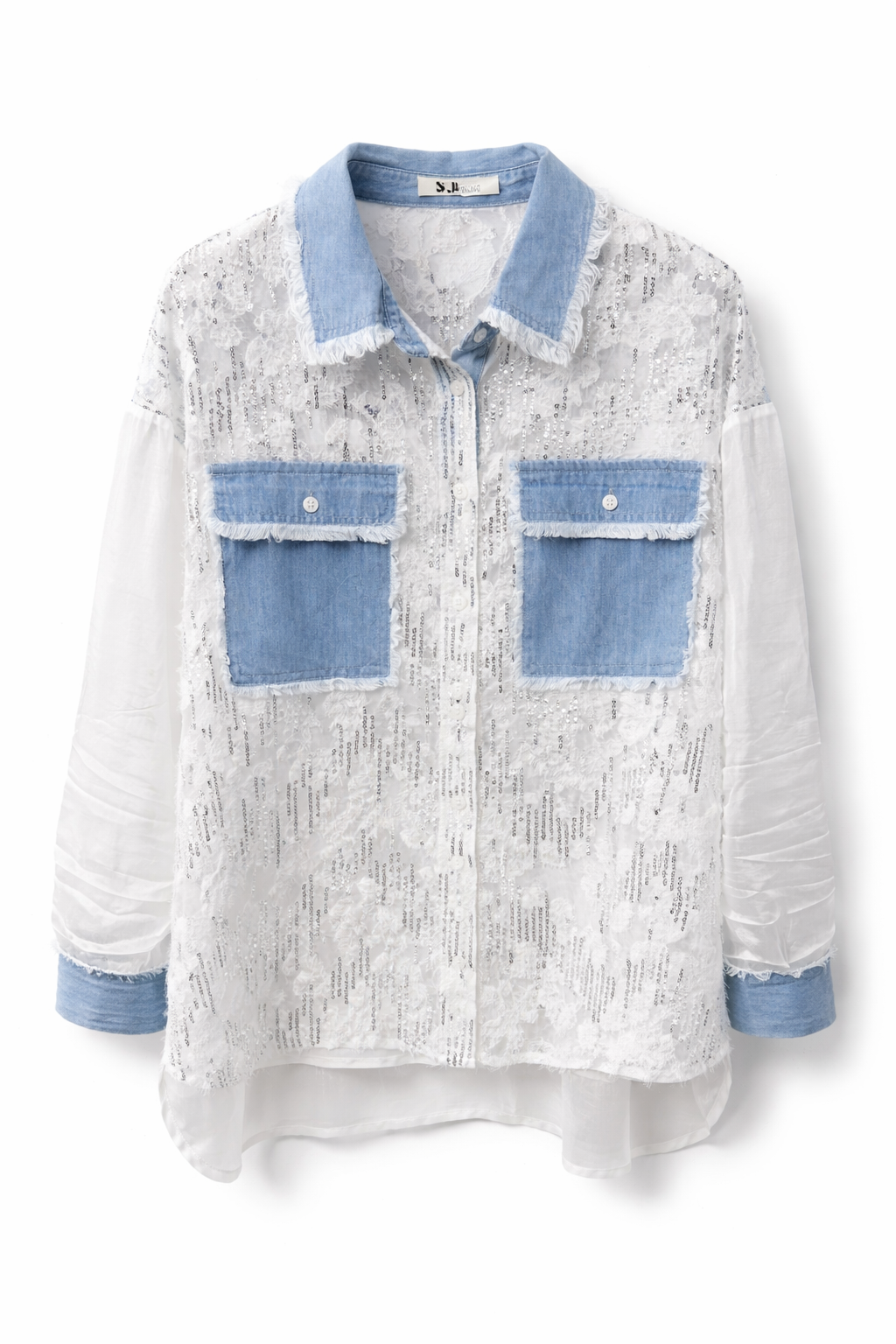 Camicia Donna Leggera con Paillettes e Inserti Denim Trasparente Elegante Estiva 5090