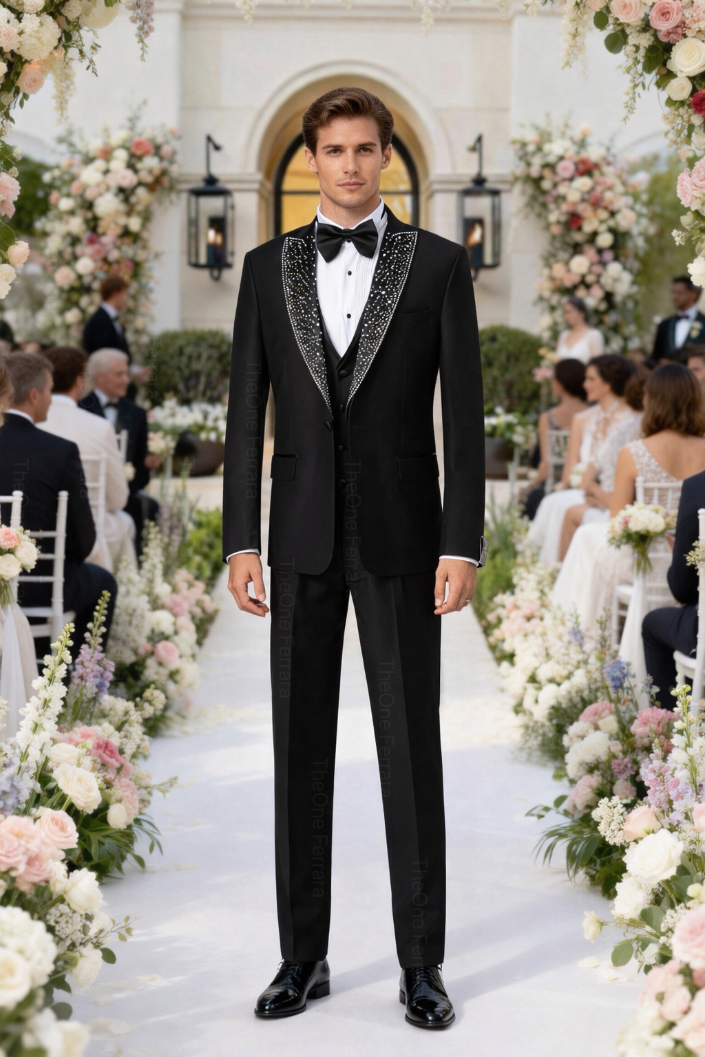 Smoking Uomo Nero 4 Pezzi (Giacca 1 Bottone + Gilet + Pantaloni + Papillon) – Slim Fit 300-1-TheOne Ferrara
