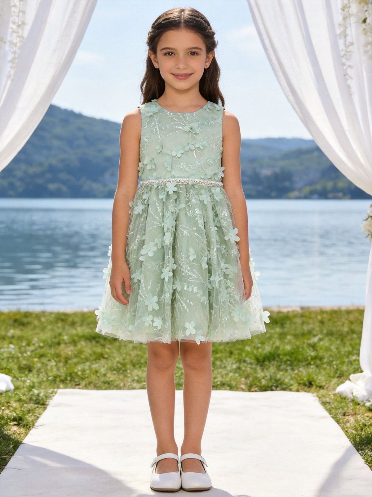 Abito da Cerimonia Bambina 2-12 Anni Elegante – Vestito con Fiori 3D e Gonna in Tulle per Matrimonio, Battesimo e Compleanno 716