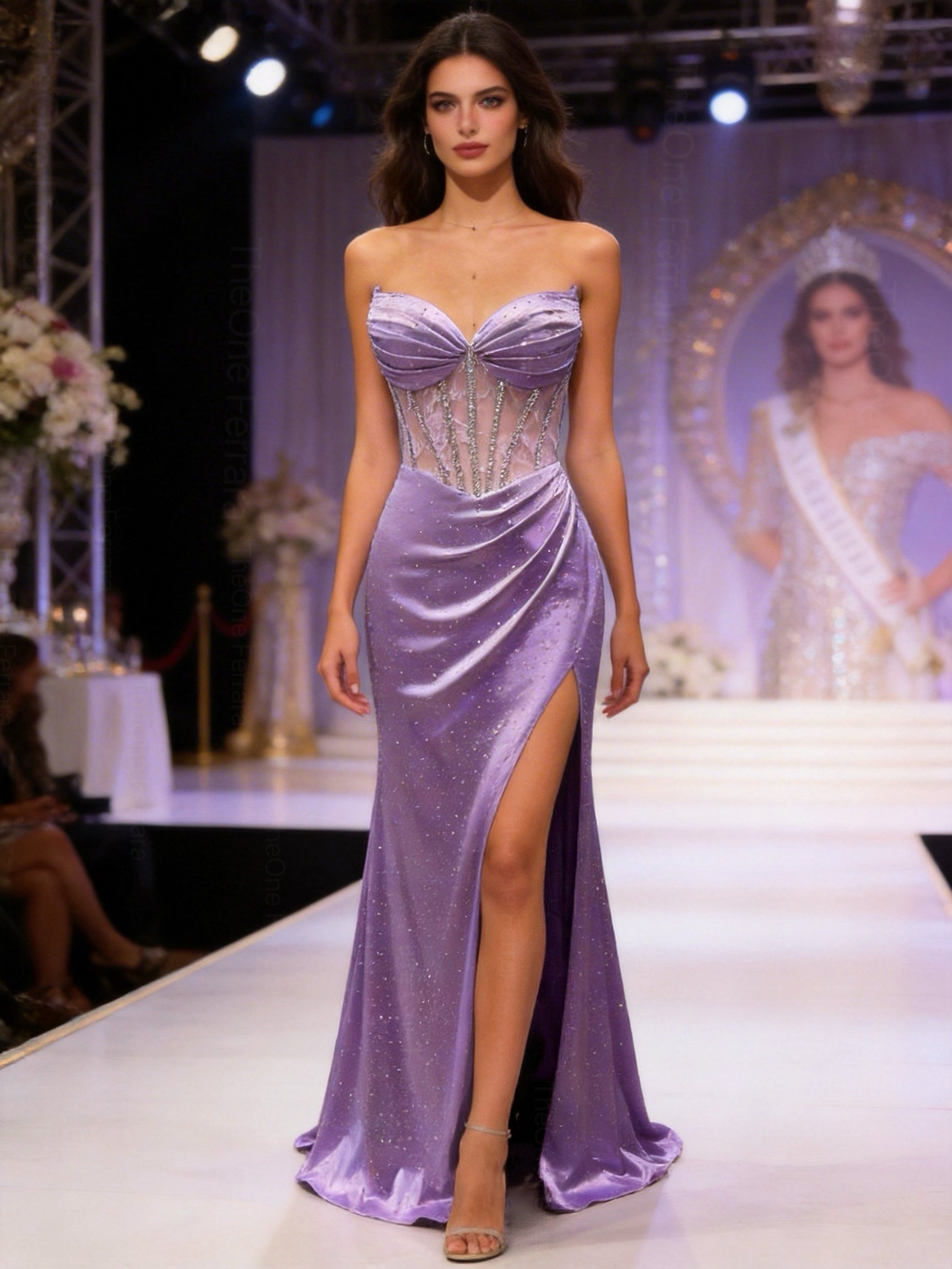Abito da Sera Nero-viola con Corsetto e Spacco – Vestito Lungo Elegante Glitter 883039 Viola S M