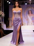 Abito da Sera Nero-viola con Corsetto e Spacco – Vestito Lungo Elegante Glitter 883039 Viola S M