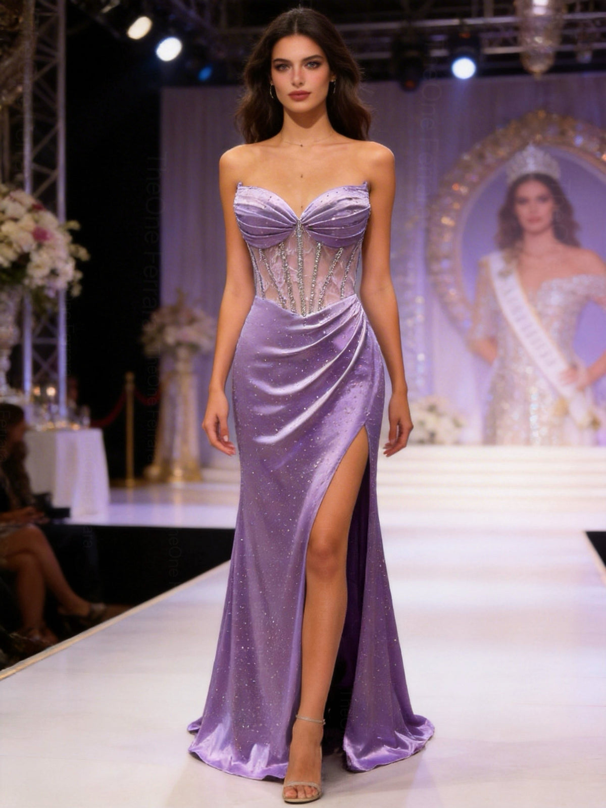 Abito da Sera Nero-viola con Corsetto e Spacco – Vestito Lungo Elegante Glitter 883039 Viola S M
