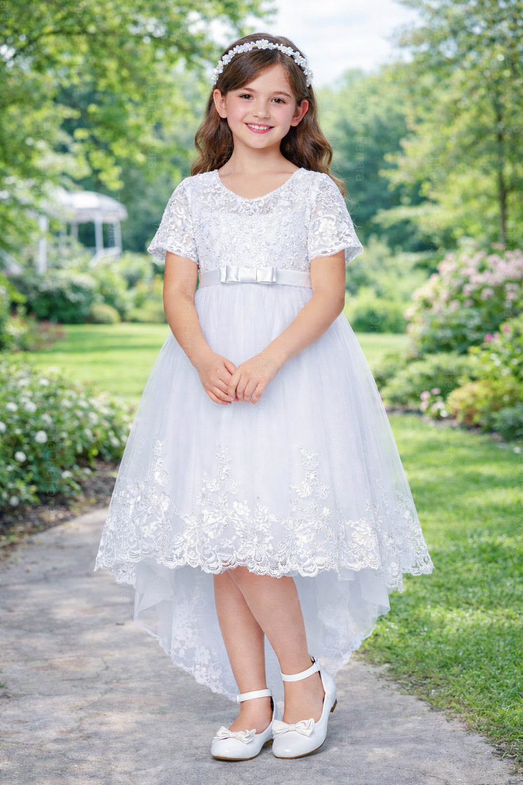 Abito Cerimonia Bambina Bianco in Pizzo e Tulle Comunione, Damigella, Festa 4-14 Anni 3637-TheOne
