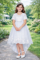 Abito Cerimonia Bambina Bianco in Pizzo e Tulle Comunione, Damigella, Festa 4-14 Anni 3637-TheOne