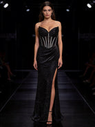 Abito da Sera Nero-viola con Corsetto e Spacco – Vestito Lungo Elegante Glitter 883039 Nero S M