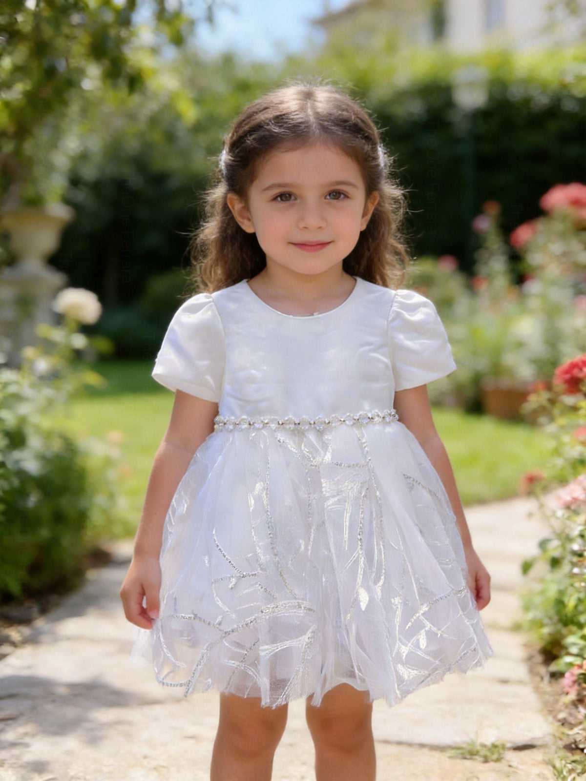 Vestito bianco bambina con perline e tulle 3M–36M Battesimo, Cerimonia, Matrimonio