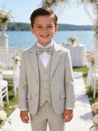 Completo Elegante Bambino Beige 5 Pezzi con Giacca Gilet Pantaloni Camicia e Papillony Beige Chiaro