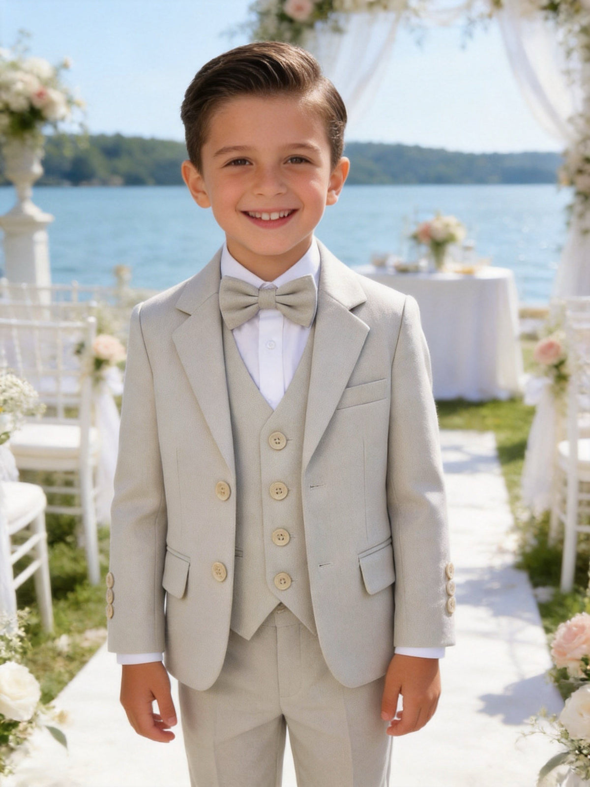 Completo Elegante Bambino Beige 5 Pezzi con Giacca Gilet Pantaloni Camicia e Papillony Beige Chiaro