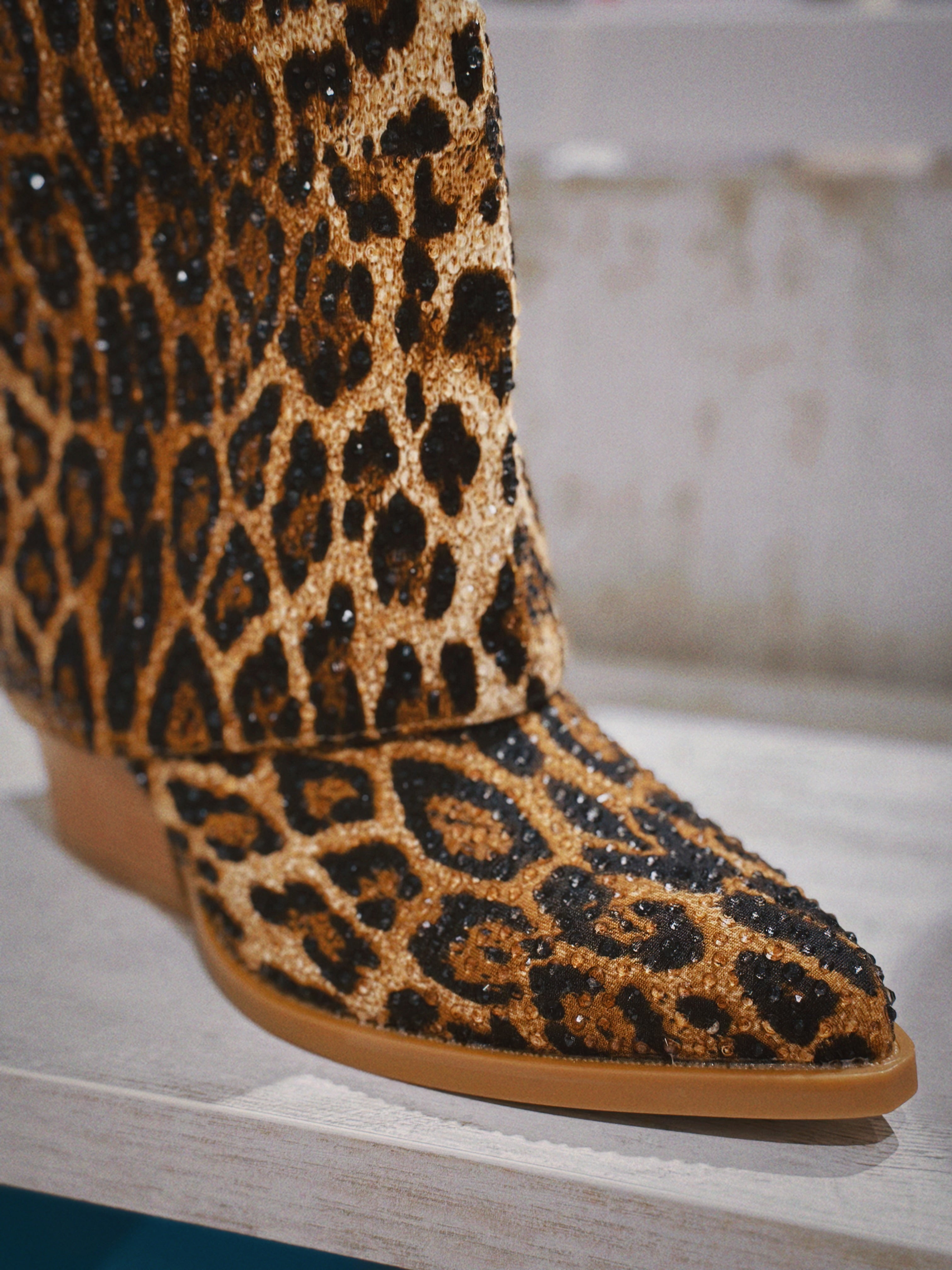 Stivaletti leopardati da donna con paillettes – Tacco largo, perfetti per party e street style-FK5（7cm）