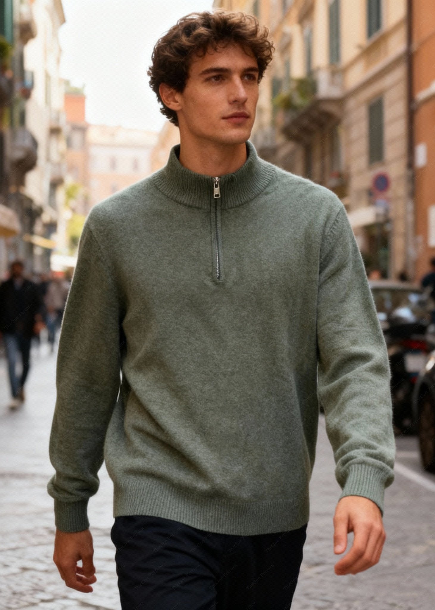 Maglione Uomo Mezza Zip - Pullover Viscosa Modal Collo Alto c t-007 ceneri verde