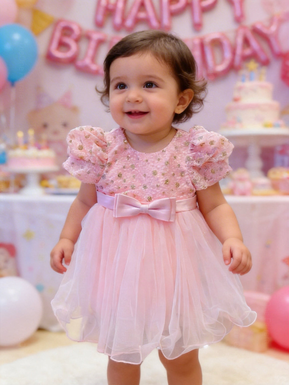 Vestito rosa bambina con maniche a sbuffo 6M–36M Compleanno, Battesimo, Damigella