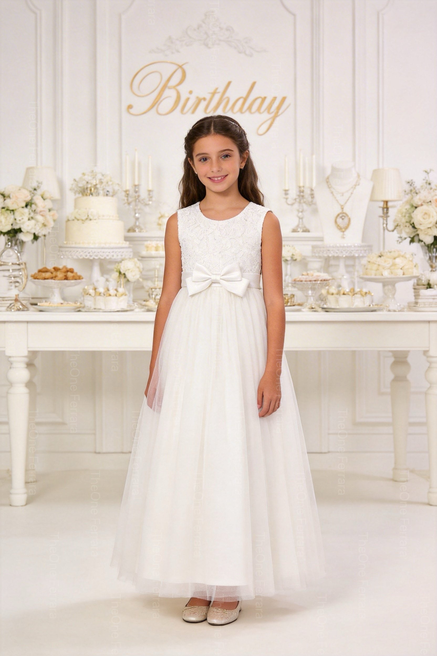 Abito Bambina Elegante Bianco con Fiocco Oro – Vestito Cerimonia 4-14 Anni 3824