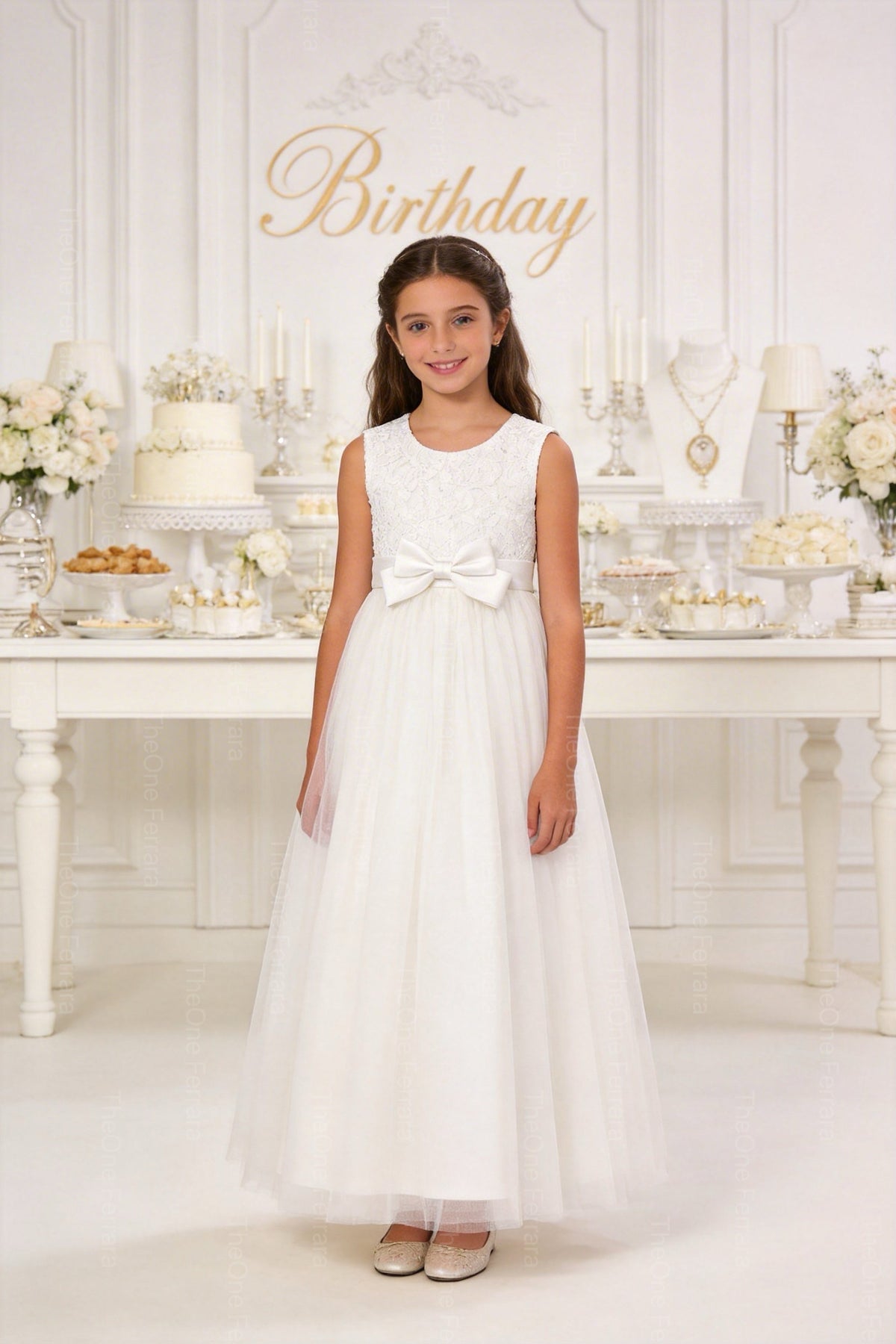 Abito Bambina Elegante Bianco con Fiocco Oro – Vestito Cerimonia 4-14 Anni 3824
