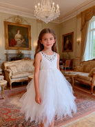 Abito Cerimonia Bambina Elegante in Tulle con Scollo Gioiello – 2-14 Anni – Rosa | Bianco | Bordeaux | Rosa Cipria – 2045 Bianco 4 Anni