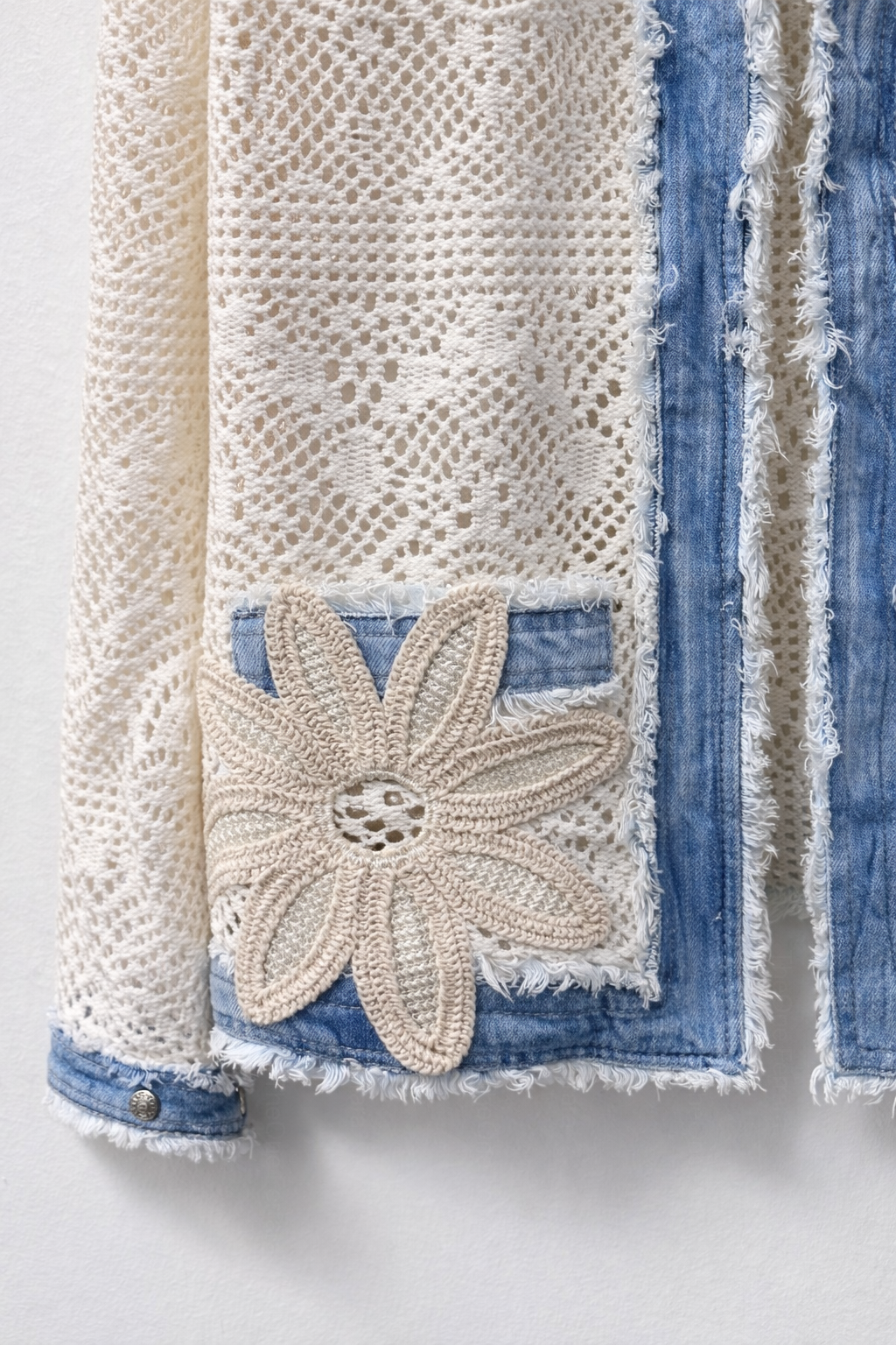 Giacca Donna in Crochet con Inserti Denim Leggera Estiva Aperta con Dettagli Floreali 5080