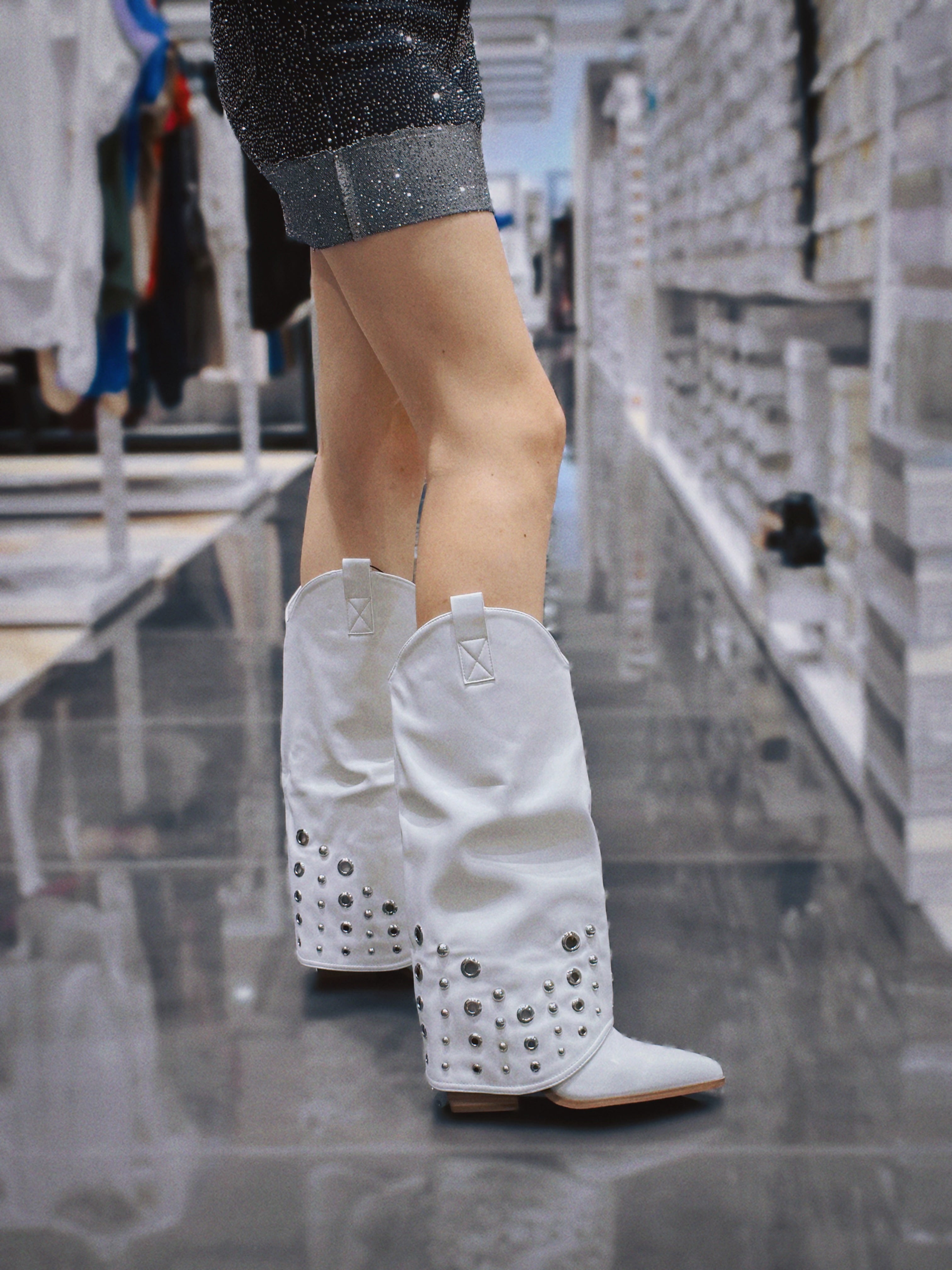 Stivali alti bianchi con borchie | Western Punk Block Heel Boots Donna-KF1 White