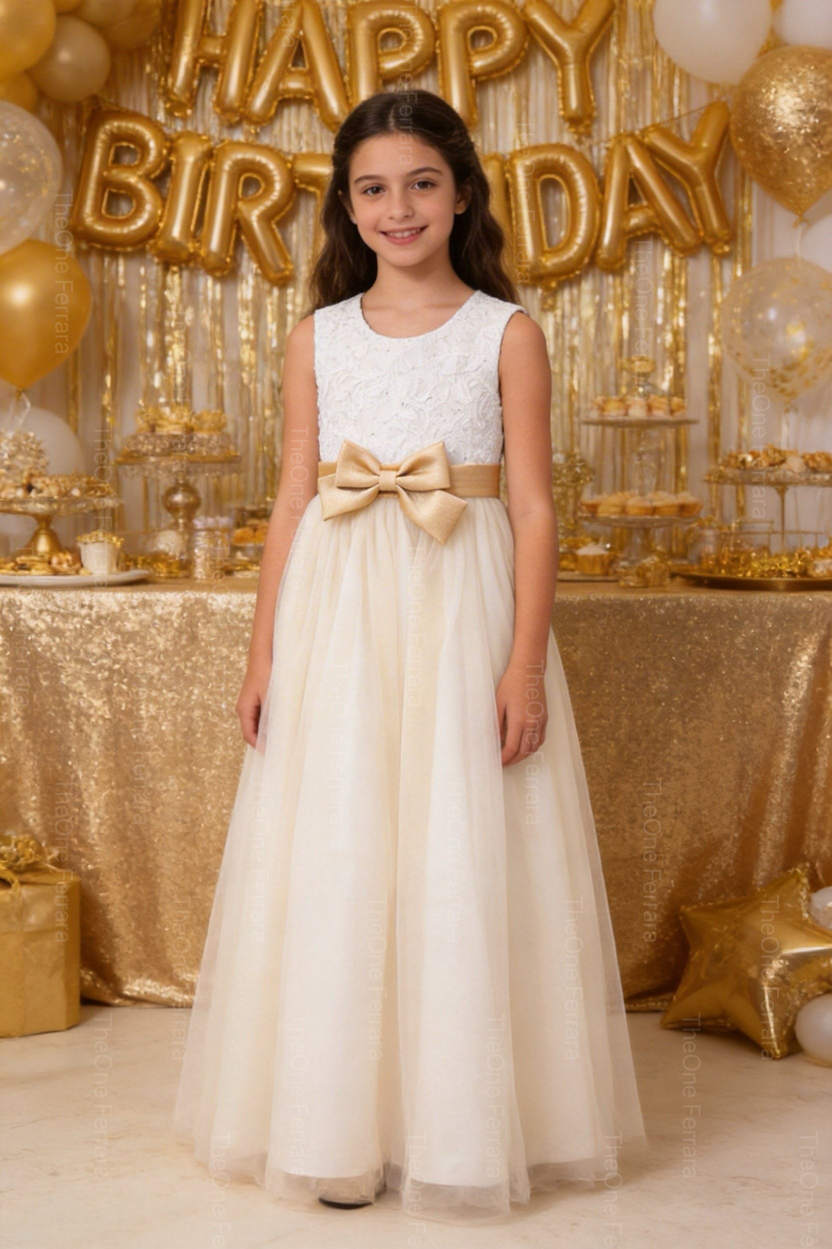 Abito Bambina Elegante Bianco con Fiocco Oro – Vestito Cerimonia 4-14 Anni 3824