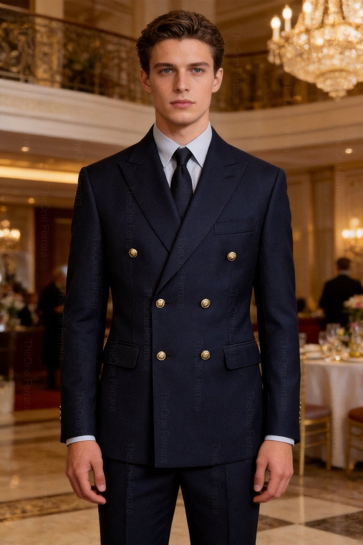 Abito Uomo Doppiopetto Blu Navy 2 Pezzi (Giacca + Pantaloni) con Bottoni Dorati | Cerimonia Business | Taglie 44–60 | ZLS10018