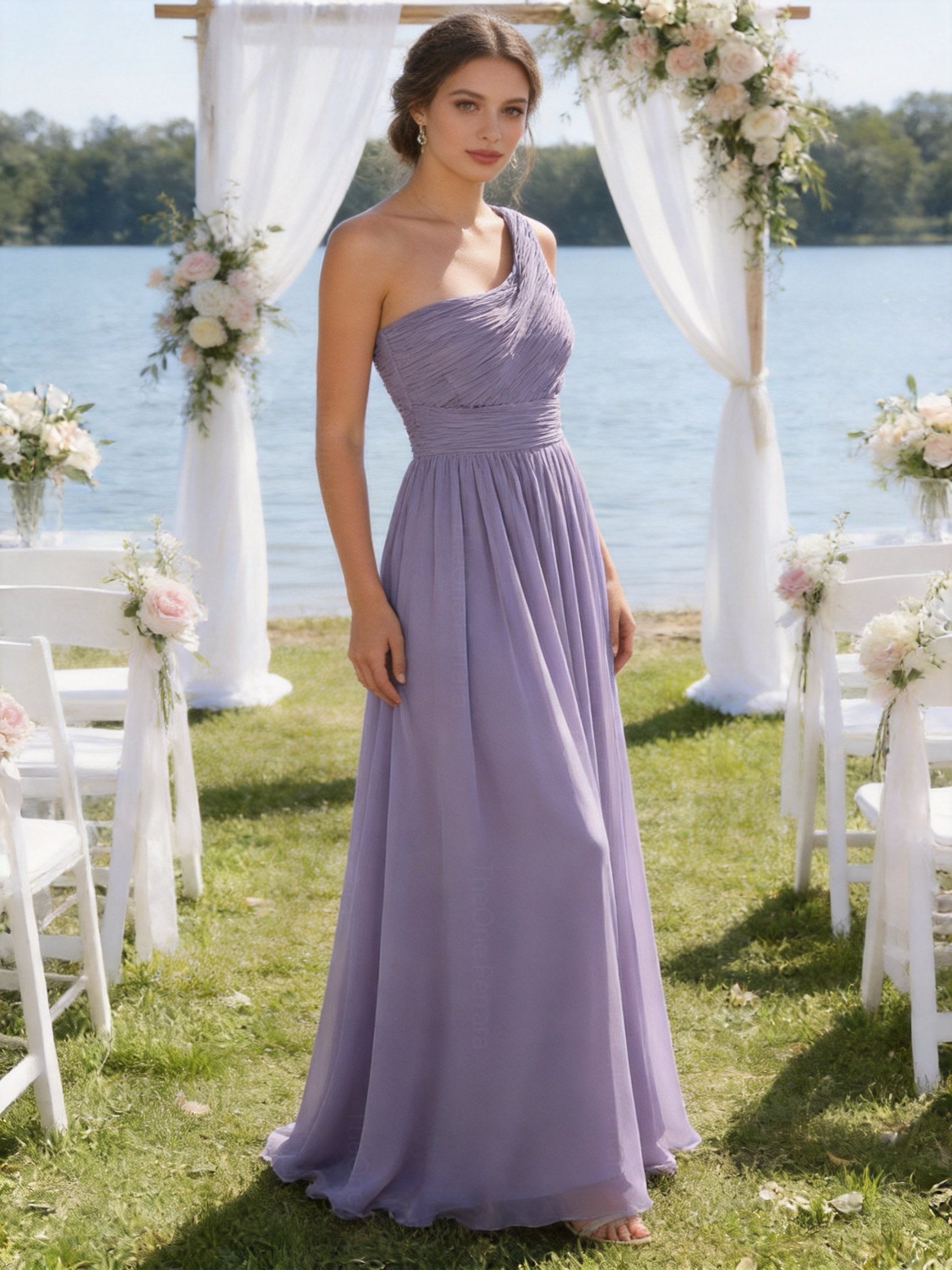 Abito Damigella Monospalla in Chiffon con Spacco Laterale