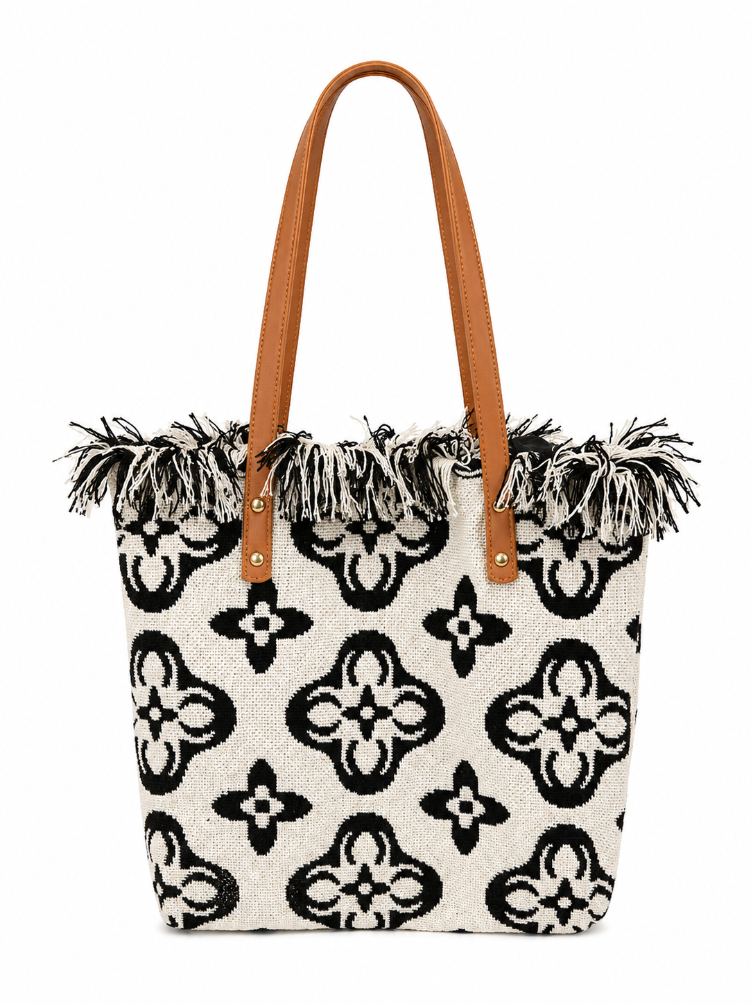 Borsa Shopper Donna in Tessuto Jacquard con Frange – Stile Boho Chic Panna L × A × P: 40 × 43 × 17 cm