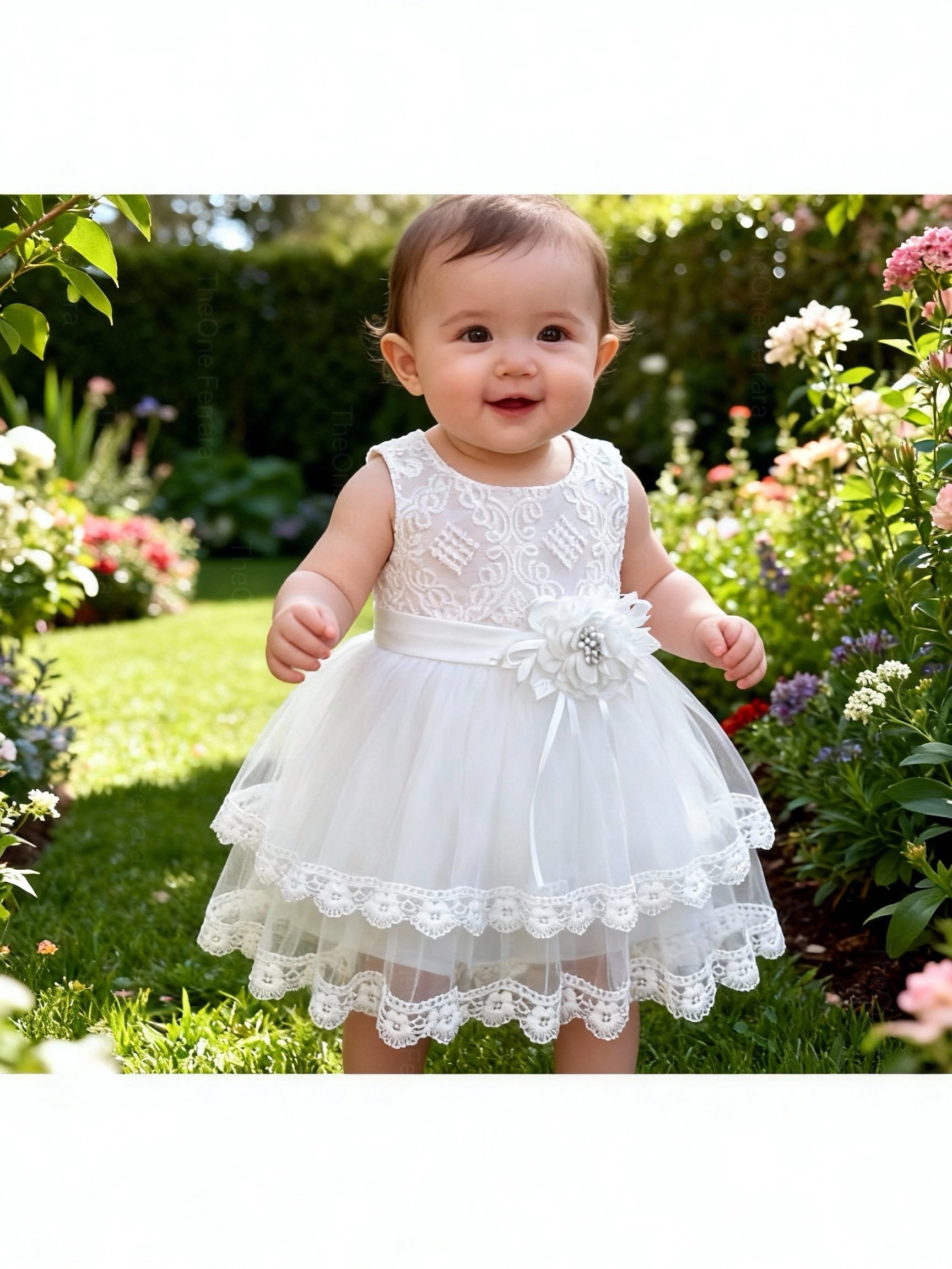 Abito da Battesimo Neonata Bianco 6–36 Mesi – Tulle a Strati con Bordo in Pizzo e Fiocco sul Retro Cerimonia Chiesa 660 Bianco 18M