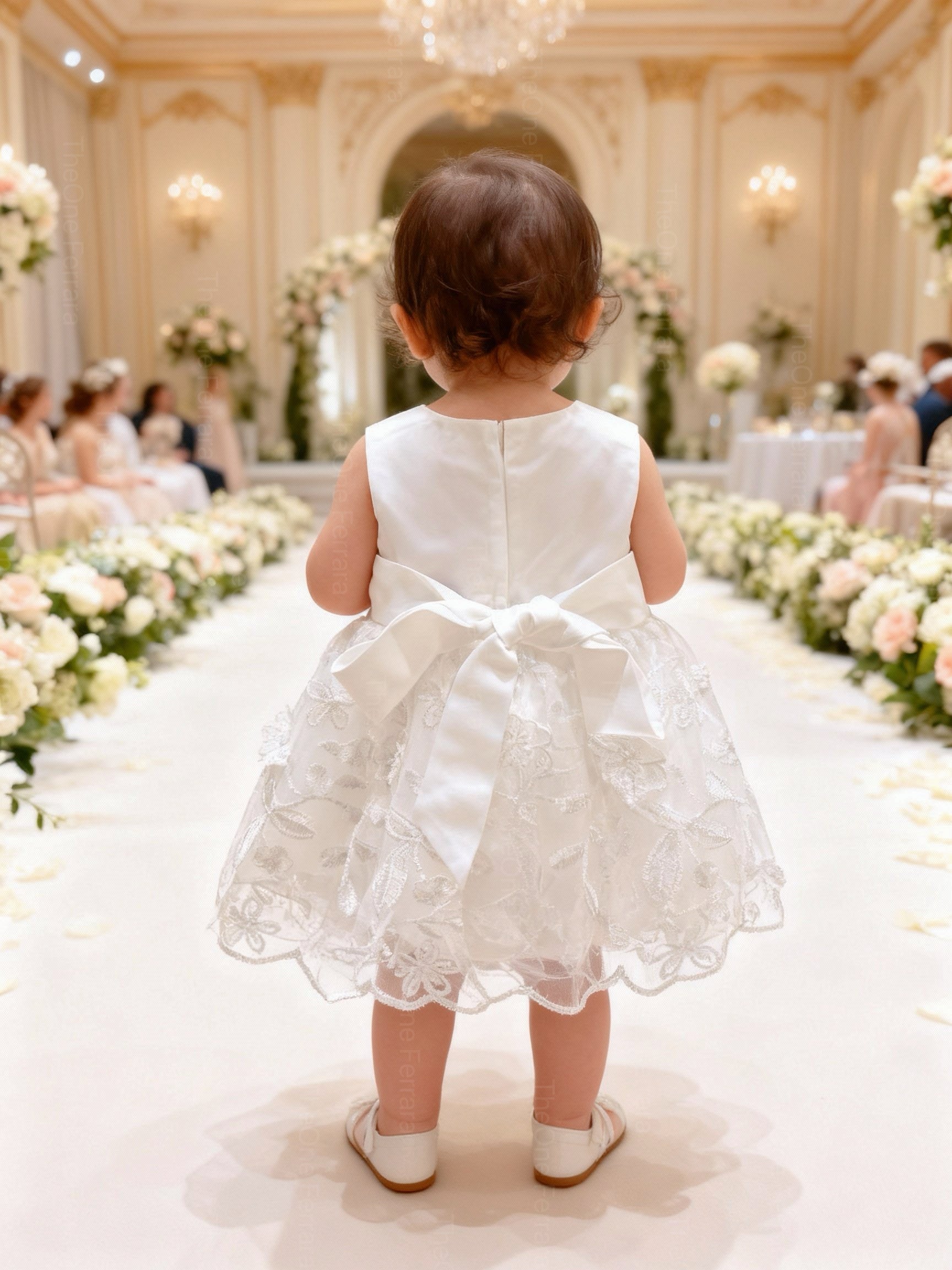 Abito da Battesimo Neonata Bianco 3–24 Mesi – Raso Tulle Ricamato con Fiori, Fiocco Posteriore Cerimonia 6132