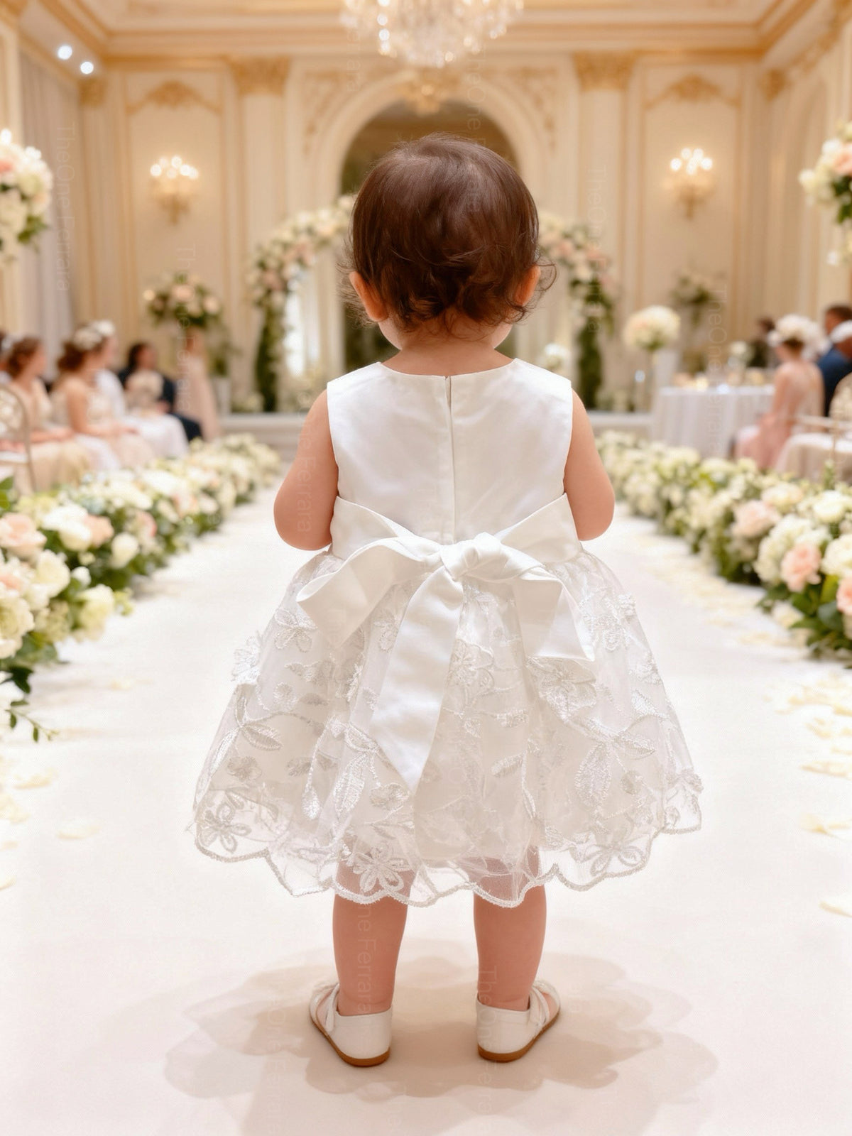Abito da Battesimo Neonata Bianco 3–24 Mesi – Raso Tulle Ricamato con Fiori, Fiocco Posteriore Cerimonia 6132