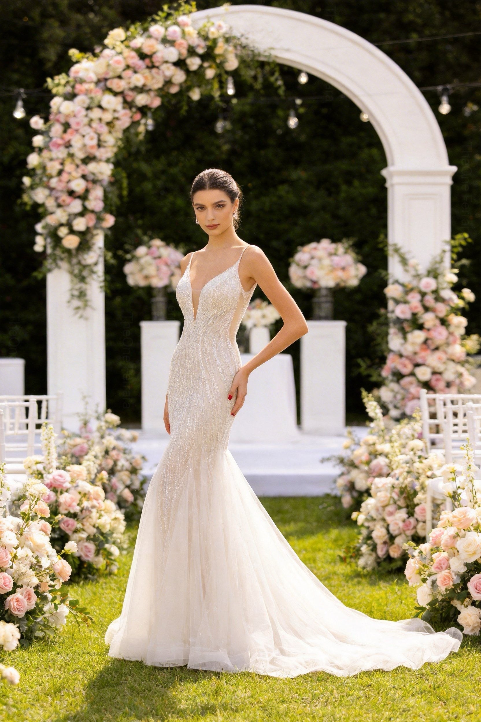 Abito da Sposa Sirena con Paillettes e Tulle – Vestito da Sposa Elegante con Scollatura Profonda e Schiena Scoperta 851016
