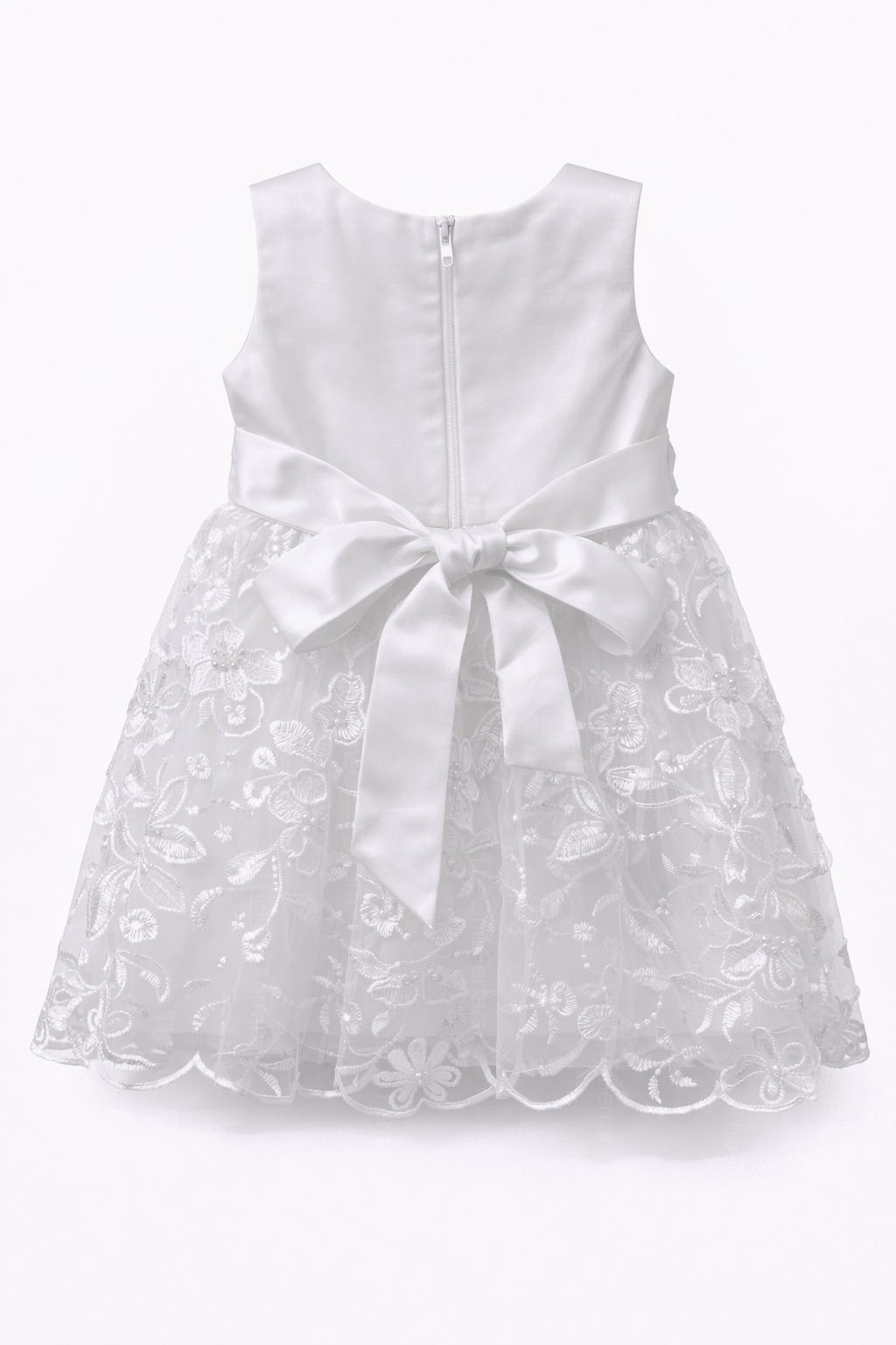 Abito da Battesimo Neonata Bianco 3–24 Mesi – Raso Tulle Ricamato con Fiori, Fiocco Posteriore Cerimonia 6132