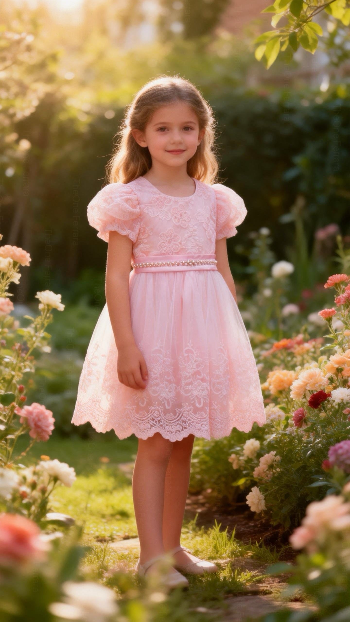 Abito Elegante Bambina Rosa in Pizzo e Tulle con Vita Decorata in Strass – Vestito da Cerimonia 2-12 anni 815