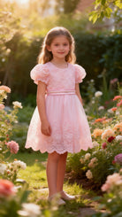 Abito Elegante Bambina Rosa in Pizzo e Tulle con Vita Decorata in Strass – Vestito da Cerimonia 2-12 anni 815