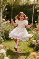 Abito Elegante Bambina in Tulle e Pizzo con Maniche a Sbuffo e Cintura di Perle – Cerimonia 2-12 Anni 815