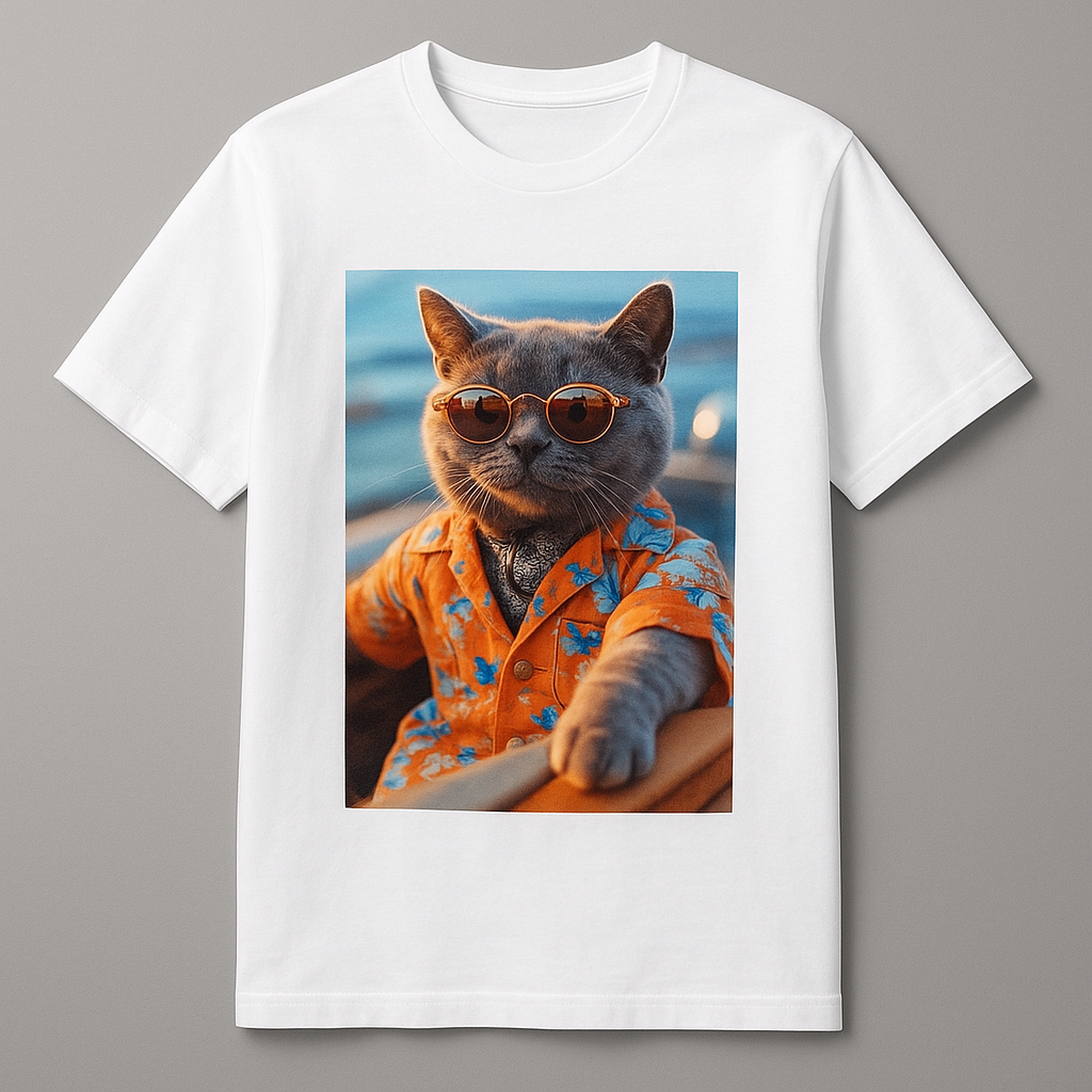 T-shirt Uomo con Stampa Gatto Divertente – 100% Cotone Estivo White 100%cotton