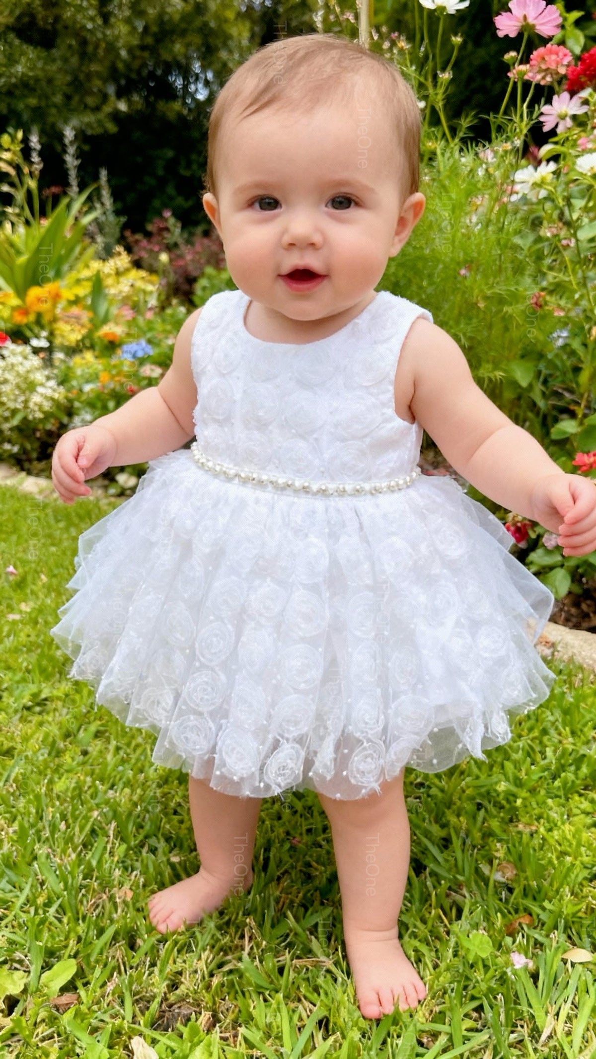 Abito da Battesimo Bambina Bianco 6M–12 Anni – Tulle con Rose 3D e Cintura di Perle | Cerimonia Compleanno 6678 678