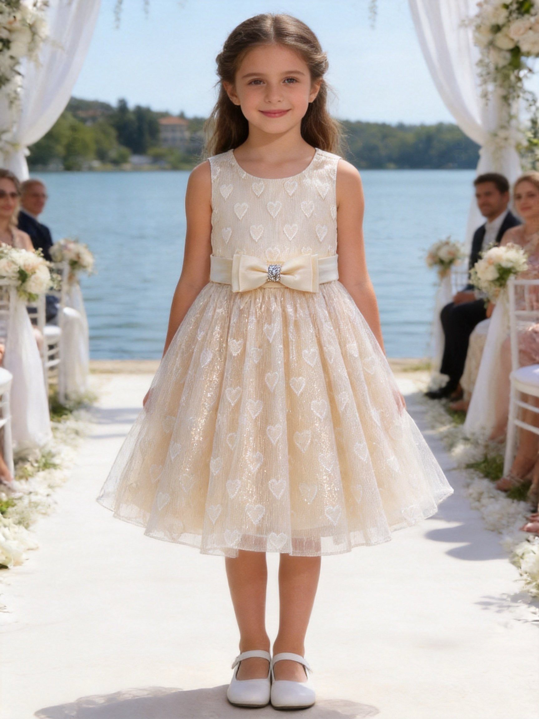 Vestito Bambina Elegante in Organza Jacquard Lurex con Fiocco Champagne 2 Anni