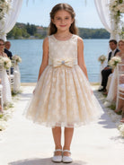 Vestito Bambina Elegante in Organza Jacquard Lurex con Fiocco Champagne 2 Anni