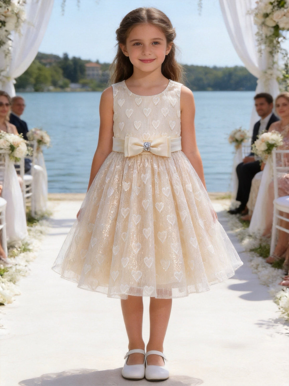 Vestito Bambina Elegante in Organza Jacquard Lurex con Fiocco Champagne 2 Anni