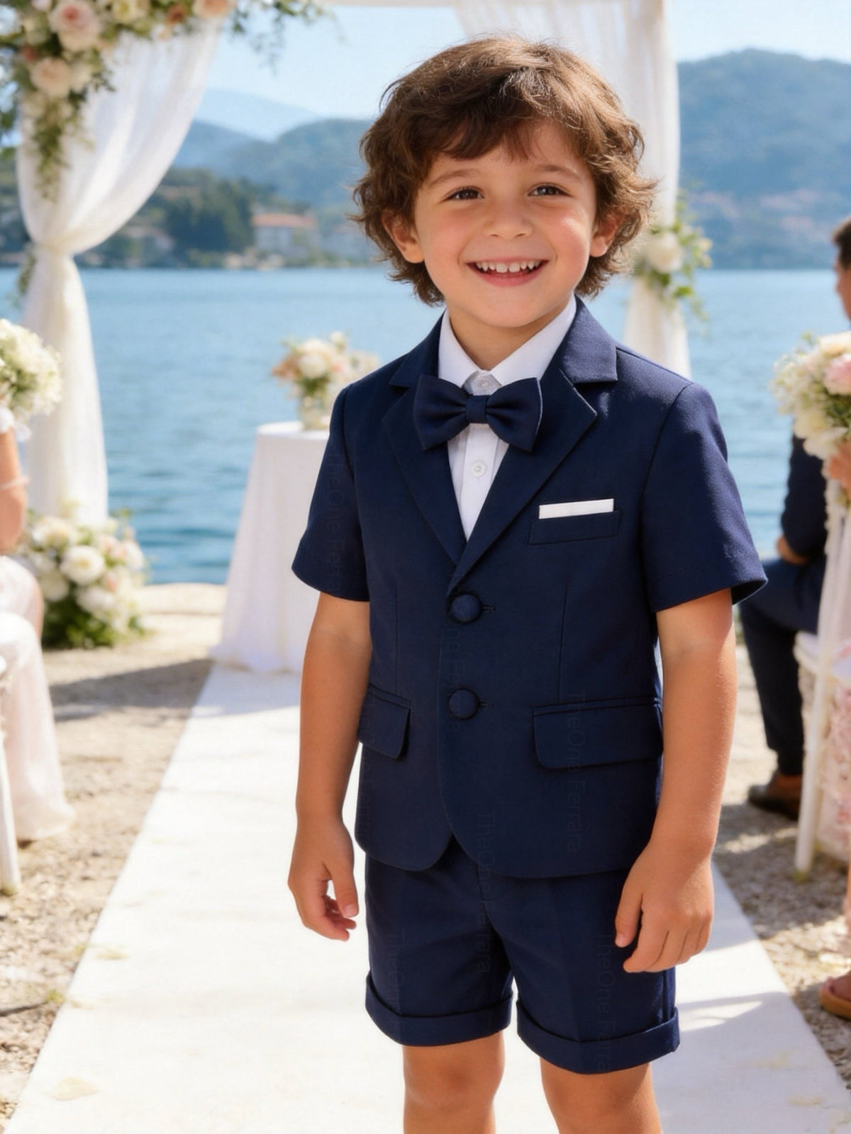 Completo Elegante Bambino Verde Salvia 4 Pezzi con Giacca Shorts Camicia e Papillong 4-10Anni