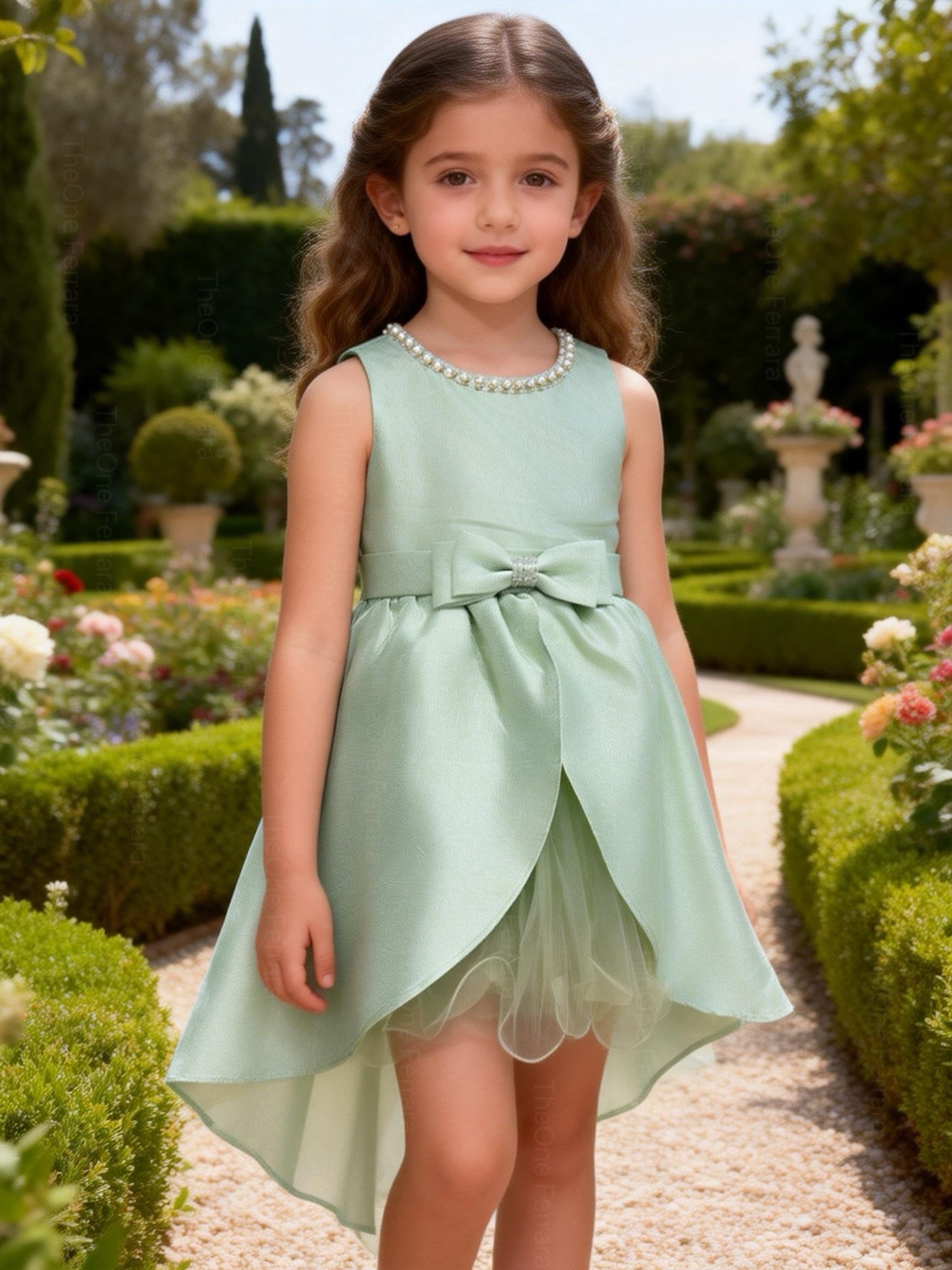 Abito da Cerimonia Bambina in Raso con Gonna in Tulle e Fiocco – Scollo Perle 2-12 Anni 750