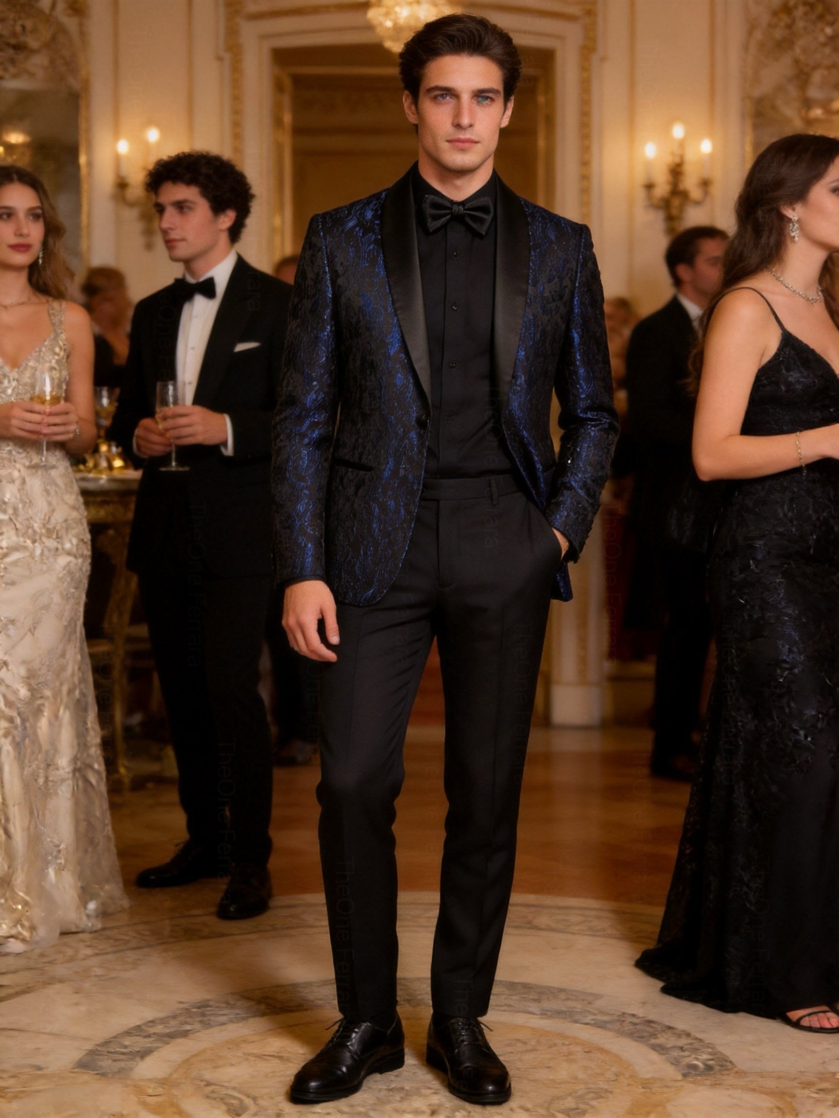 Abito Uomo Cerimonia Slim Fit Blu Jacquard Elegante Smoking Fantasia 2pz