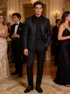 Abito Uomo Cerimonia Slim Fit Blu Jacquard Elegante Smoking Fantasia 2pz