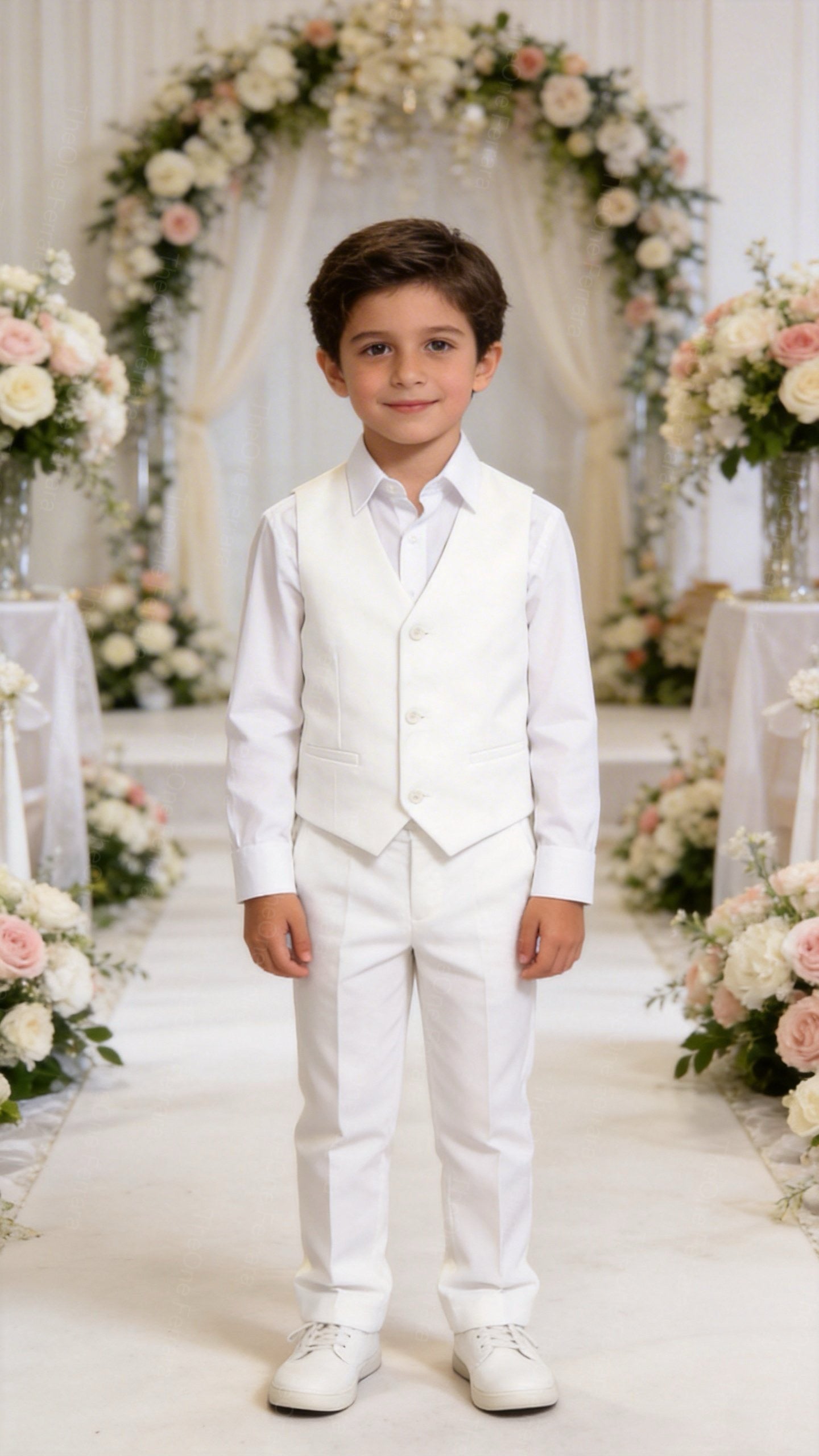 Completo Elegante Bambino Bianco 5 Pezzi Abito Cerimonia Matrimonio Comunione 1-14Anni