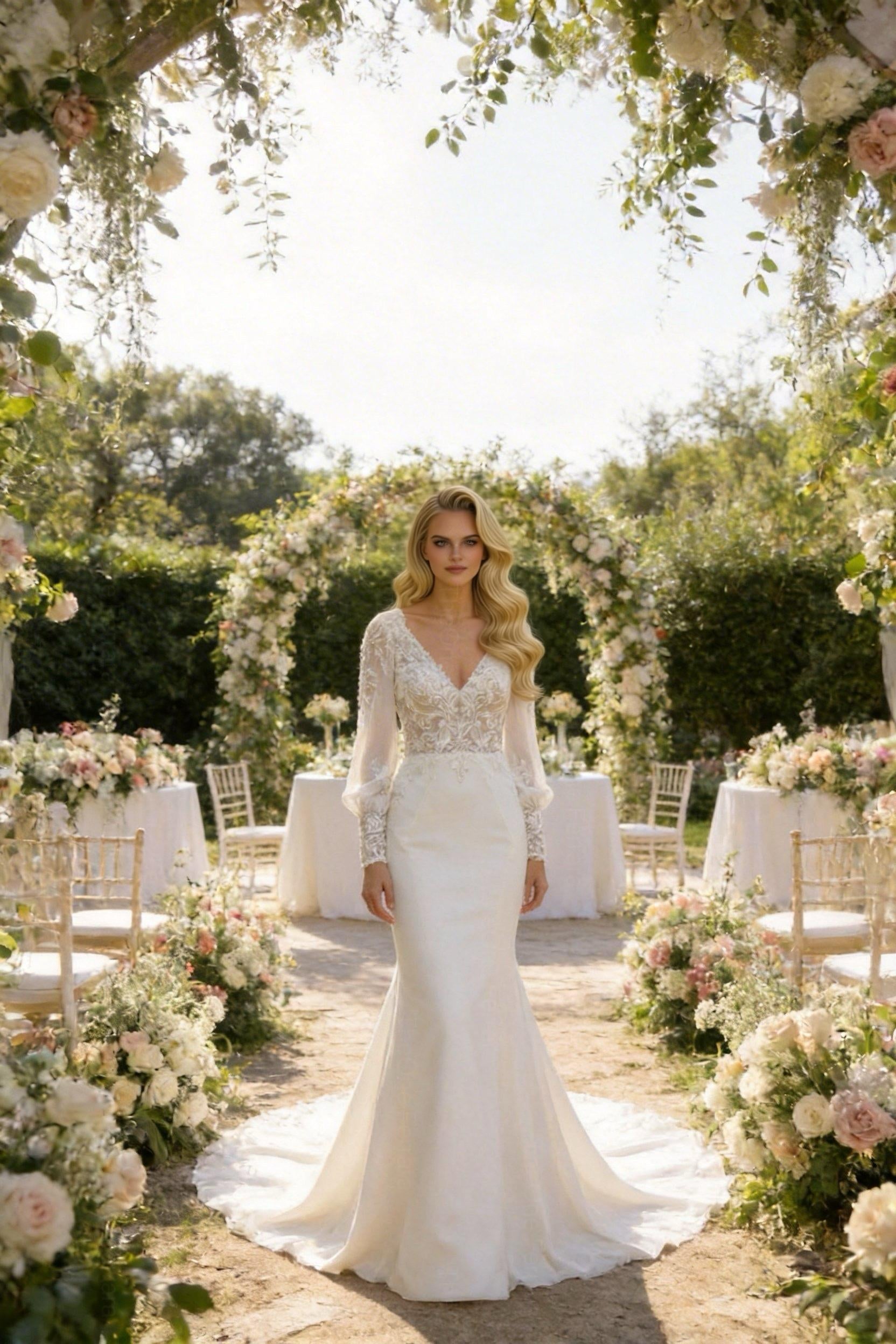 Abito da Sposa Sirena con Maniche Lunghe in Pizzo Ricamato – Scollo Profondo a V, Schiena Scoperta con Bottoni, Stile Boho Elegante 817053