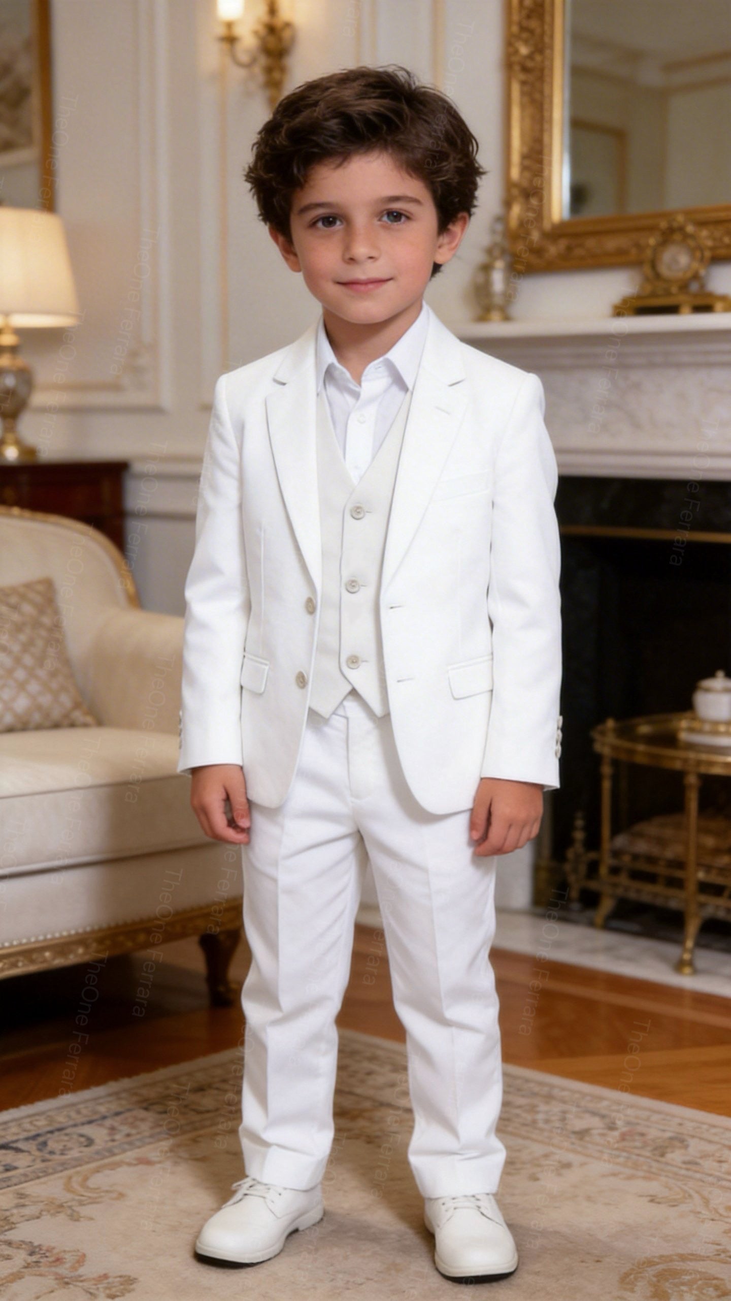 Completo Elegante Bambino Bianco 5 Pezzi Abito Cerimonia Matrimonio Comunione 1-14Anni